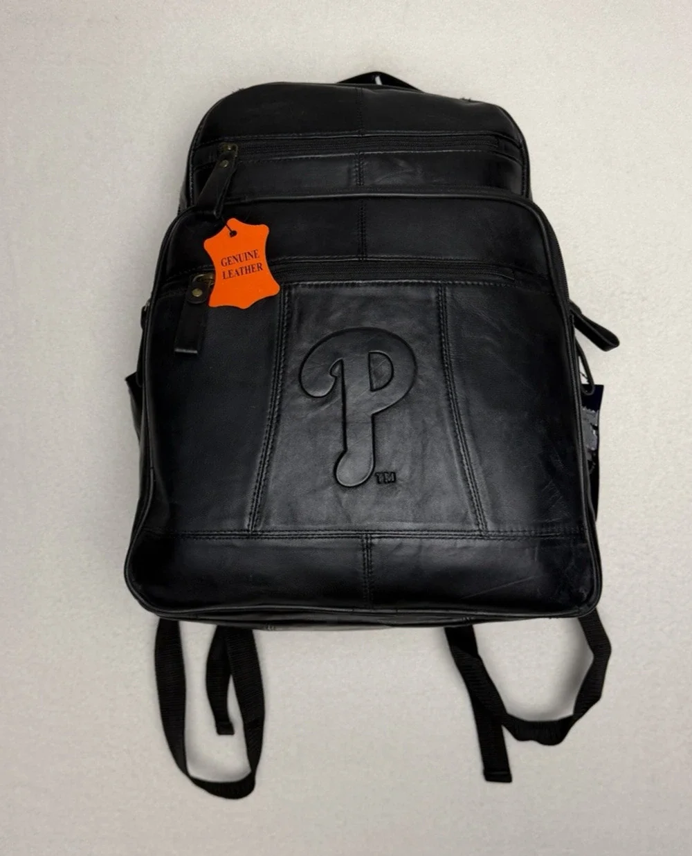 Philadelphia Phillies MLB Black Genuine Leather Backpack Team Logo Laptop Sleeve